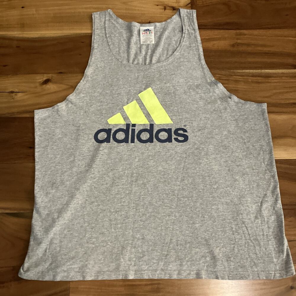 Vintage Y2K Adidas Men’s XL Gray Tank Top Spell Out Big Logo USA Dad Neon Cozy